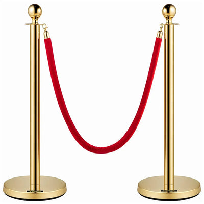 Gold Queue Manager With Velvet Rope - 2 Pcs Posts,1 Pc 5 ft Red Velvet Rope, Stanchion Post with Ball Top, Crowd Control Barriers, Red Carpet Poles, Queue Manager Royal Collection