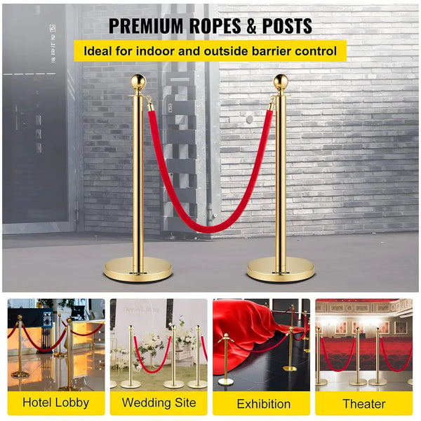 Gold Queue Manager With Velvet Rope - 2 Pcs Posts,1 Pc 5 ft Red Velvet Rope, Stanchion Post with Ball Top, Crowd Control Barriers, Red Carpet Poles, Queue Manager Royal Collection - 4