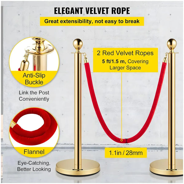 Gold Queue Manager With Velvet Rope - 2 Pcs Posts,1 Pc 5 ft Red Velvet Rope, Stanchion Post with Ball Top, Crowd Control Barriers, Red Carpet Poles, Queue Manager Royal Collection - 5