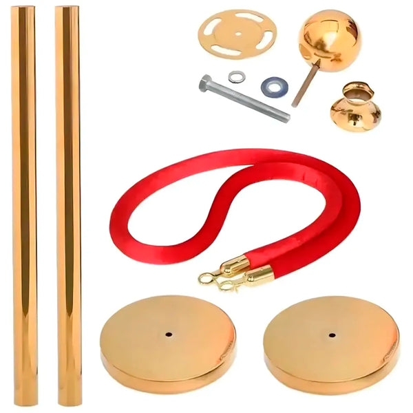 Gold Queue Manager With Velvet Rope - 2 Pcs Posts,1 Pc 5 ft Red Velvet Rope, Stanchion Post with Ball Top, Crowd Control Barriers, Red Carpet Poles, Queue Manager Royal Collection - 8
