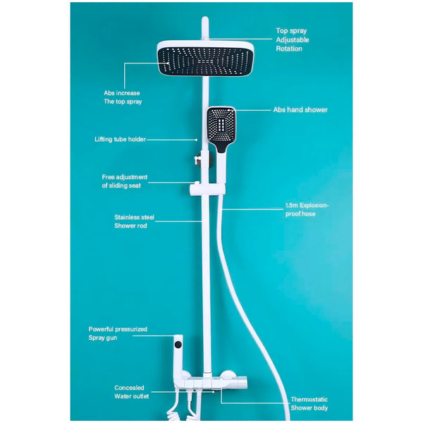 4 in 1 White Piano Keys Shower Set Top Shower, Hand Shower, Hot and Cold Mixer, White Thermostatic Mixer For Bathroom Toilet - 4