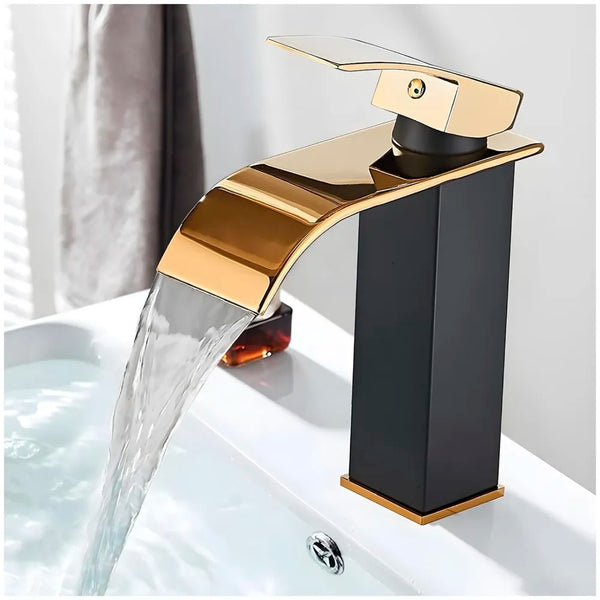Black Gold Small Waterfall Faucet Single Lever Basin Mixer Waterfall Short Black, SS Material, for Bathroom Washbasins Toilets 7 Inches Height.