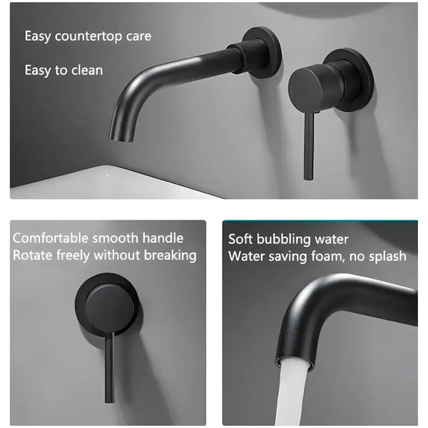 SS Black Mixer Hot and Cold Basin Tap Faucet Basin Mixer Wall Mounted Mixer with Concealed Parts, for Bathroom Wash Basin Matt Black -19.5cm - 2