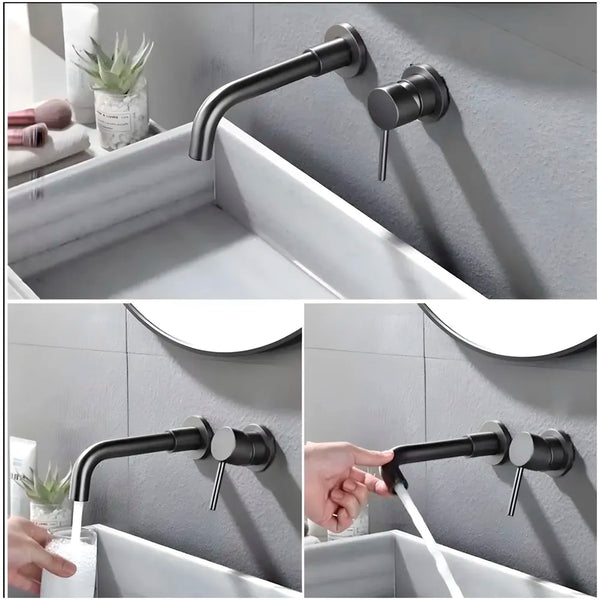 SS Black Mixer Hot and Cold Basin Tap Faucet Basin Mixer Wall Mounted Mixer with Concealed Parts, for Bathroom Wash Basin Matt Black -19.5cm - 4