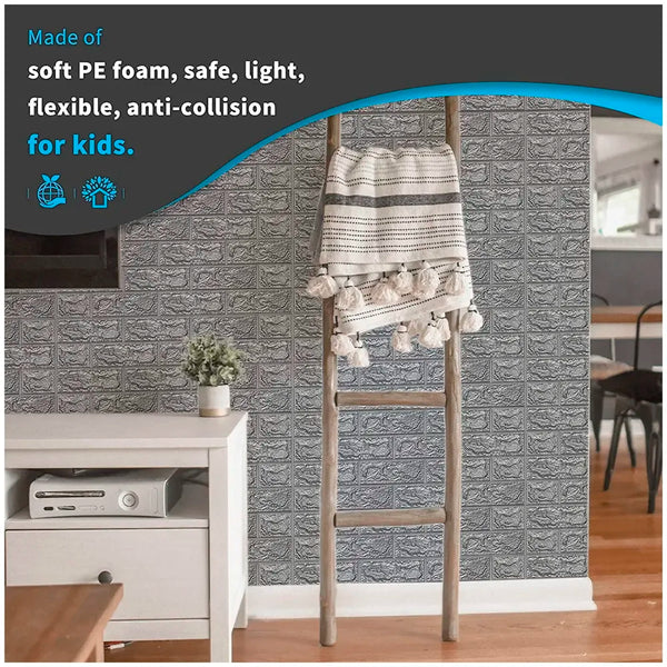 Grey Foam Wall Paper, 3D Brick Wall Stickers Self-Adhesive Panel Decal PE Wallpaper - Peel and Stick Wall Panels, 5.8 Sqft - 3