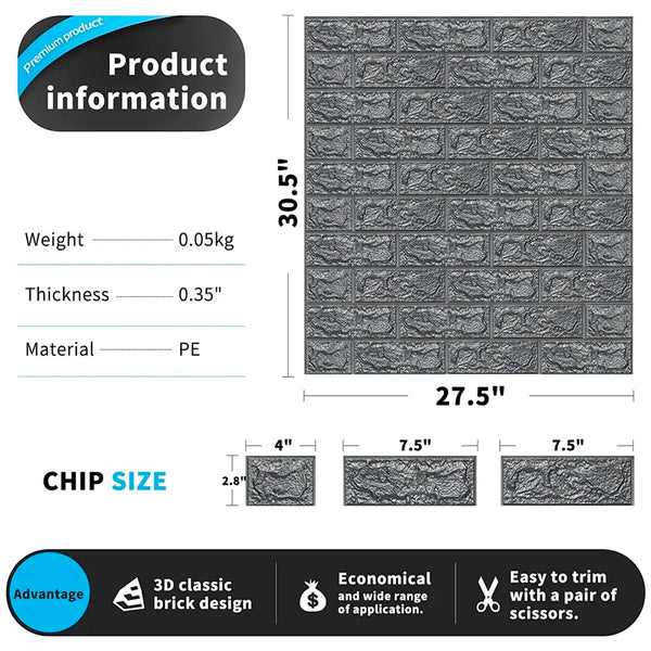 Grey Foam Wall Paper, 3D Brick Wall Stickers Self-Adhesive Panel Decal PE Wallpaper - Peel and Stick Wall Panels, 5.8 Sqft - 4