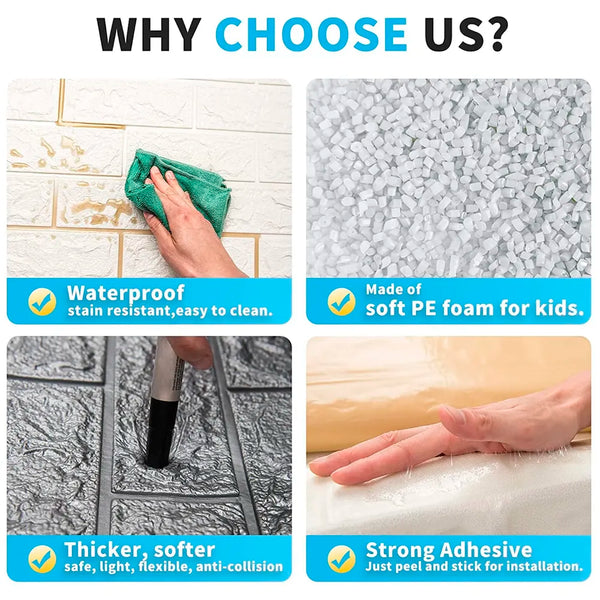 Grey Foam Wall Paper, 3D Brick Wall Stickers Self-Adhesive Panel Decal PE Wallpaper - Peel and Stick Wall Panels, 5.8 Sqft - 5