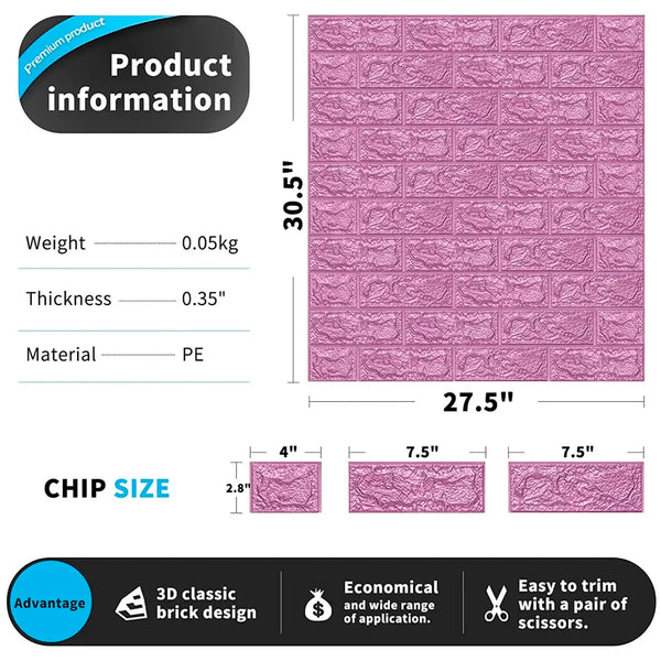 Pink Foam Wall Paper, 3D Brick Wall Stickers Self-Adhesive Panel Decal PE Wallpaper - Peel and Stick Wall Panels, 5.8 Sqft - 2