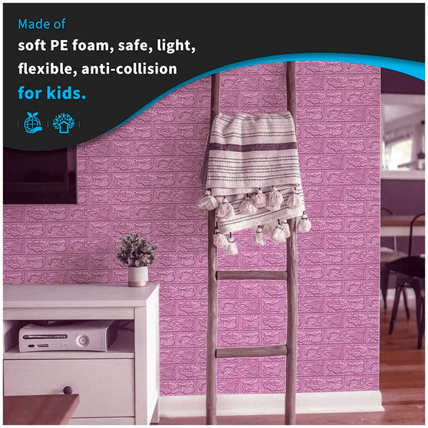 Pink Foam Wall Paper, 3D Brick Wall Stickers Self-Adhesive Panel Decal PE Wallpaper - Peel and Stick Wall Panels, 5.8 Sqft - 3