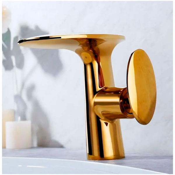 Waterfall Gold Faucet Tap Mixer Hot and Cold Heavy Single Lever Basin Mixer 15.5 Cm 360 Degree Rotating Spout and Ceramic Cartridge for Bathroom Wash Basins - 3