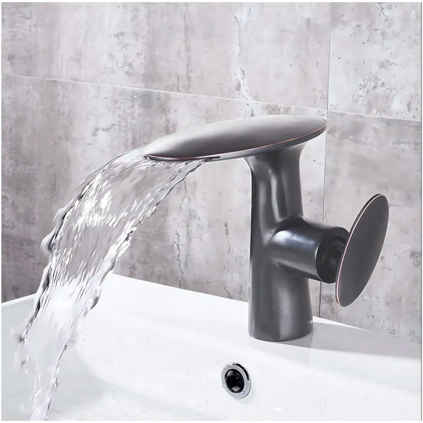 Waterfall Dark Grey Faucet Tap Mixer Hot and Cold Heavy Single Lever Basin Mixer 15.5 Cm 360 Degree Rotating Spout and Ceramic Cartridge for Bathroom Wash Basins - 2