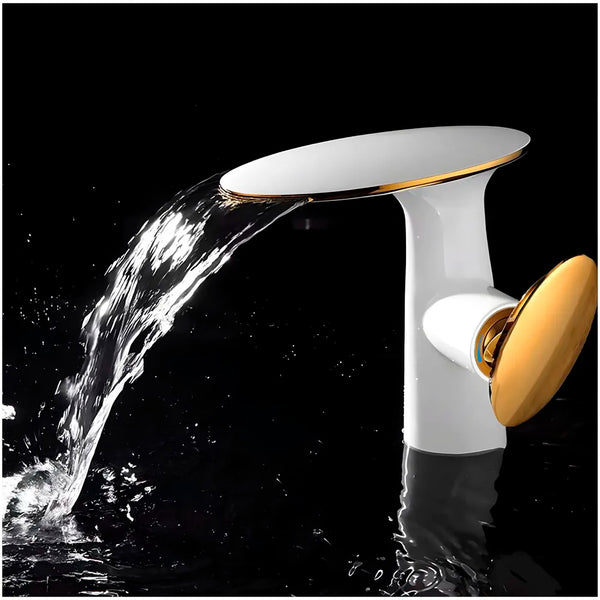 Waterfall White Gold Faucet Tap Mixer Hot and Cold Heavy Single Lever Basin Mixer 15.5 Cm 360 Degree Rotating Spout and Ceramic Cartridge for Bathroom Wash Basins - 2