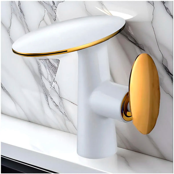 Waterfall White Gold Faucet Tap Mixer Hot and Cold Heavy Single Lever Basin Mixer 15.5 Cm 360 Degree Rotating Spout and Ceramic Cartridge for Bathroom Wash Basins - 7